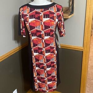 Madison Leigh black, red & orange abstract short sleeve body con dress size M